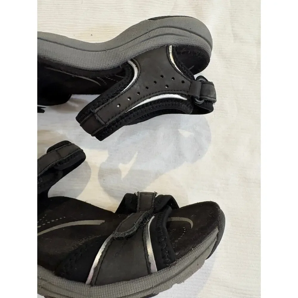 Abeo Goleta Sandals Black Silver Trim Leather Comfort Thong Womens 6 Narrow